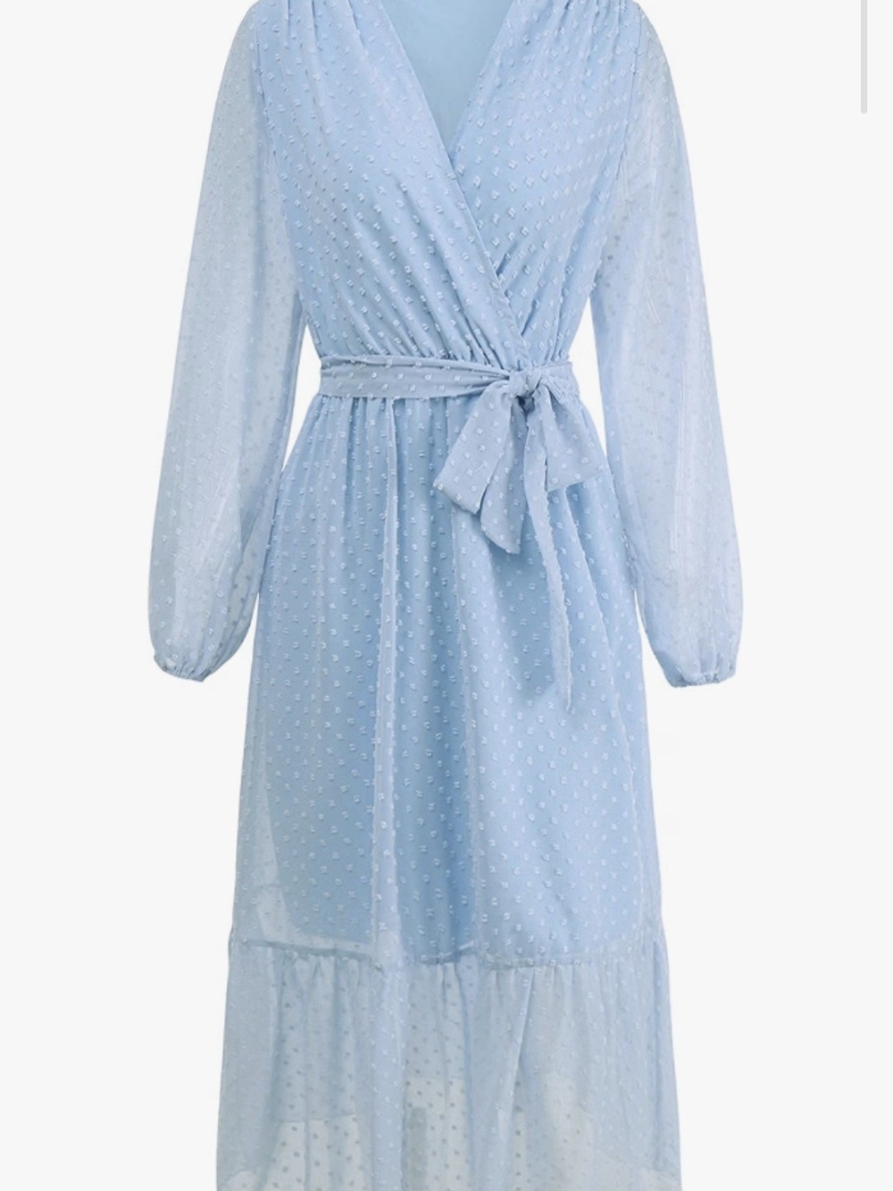 Maxi Dress Long Sleeve, Light Blue Swiss Dot Wrap Midi Dress with Tie Waist